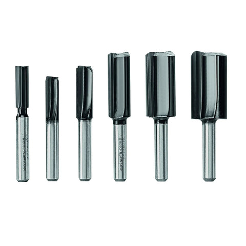 Six Piece Universal Groove Cutter Router Bit Set With Carbide Tips For Soft And Hard Wood And Wood Composites displayed in a row