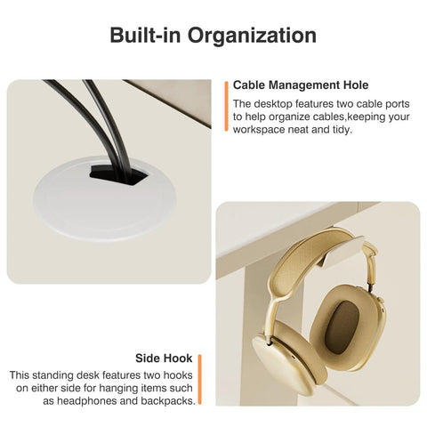Cable management hole and side hook on Electric Standing Desk With 3 Memory Presets, 48x24 Inch Sit Stand Office Desk, White Finish