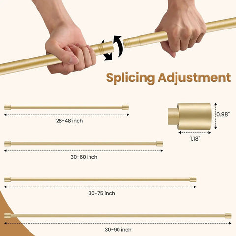 Gold Curtain Rod 28 To 48 Inch Adjustable Splice Rod With Two Brackets Easy Install End Caps Built For No Fuss Setup Durable Five Eighths Inch Diameter Holds Up To 25 Lbs showing splicing adjustment with hands