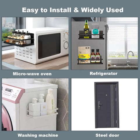 Heavy Duty Magnetic Spice Rack For Fridge Side mounted on microwave and refrigerator, showing kitchen organization in action.