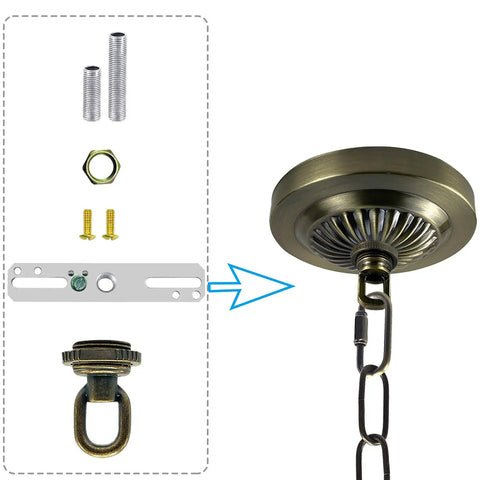 Cross Bar Light Fixture Kit With 1/4 IP Center Screw Collar Canopy Hardware In Antique Brass For Hanging Chandeliers, Fixing Fixtures, Rebuilding Lamps, And Creating Custom Table Or Pole Lamps; antique brass hardware kit