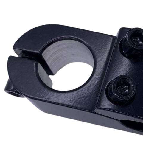 Close-up of ulralight aluminum 28.6mm stem for 1 1/8 inch road and BMX bikes, 22.2mm handlebar clamp, showing short stem replacement.