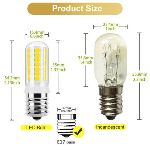 E17 LED Bulb Dimmable With No Fuss Dimming For Microwave Light size comparison with incandescent bulb, 400 Lumen Daylight White 5000K