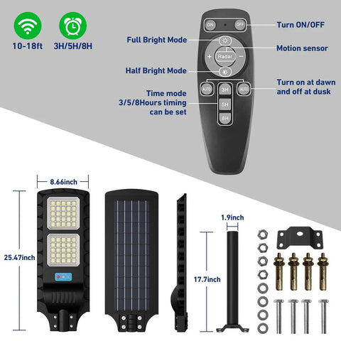 Outdoor Solar Street Light IP67 Waterproof 600 LEDs 30000 Lumens Dusk to Dawn Flood Light with Remote Control and Motion Sensor features