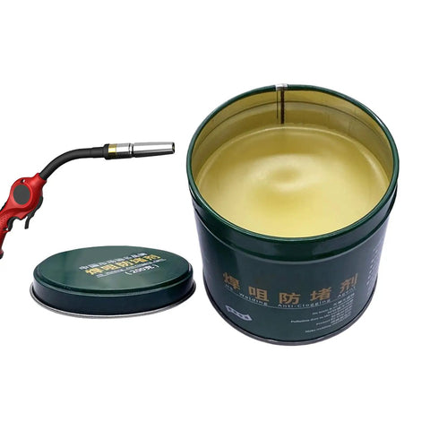 Open can of Nozzle Cleaner Gel 200g For Welding Spatter And Flux Removal shown beside a welding nozzle.