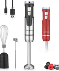 Cordless Immersion Hand Blender 3 in 1 with Whisk and Milk Frother, USB-C, shown with attachments and charging cable.