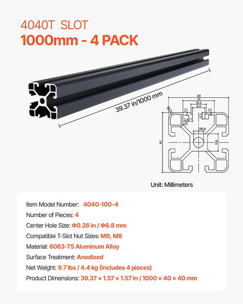 4 Pack 39.4 Inch 4040 T Slot Aluminum Extrusion Profile European Standard Anodized Linear Rail High Strength Aluminum Rails For 3D Printer CNC Machine DIY Laser Engraving Black, 1000mm black anodized