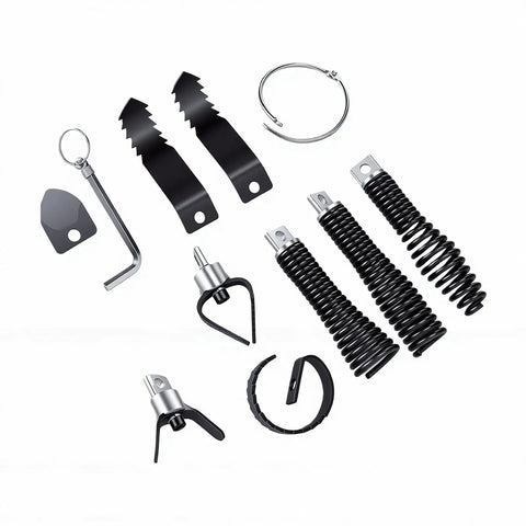 Heavy Duty Drain Snake Attachment Kit For Electric Drain Cleaners nine piece set including various hooks, springs, and blades.