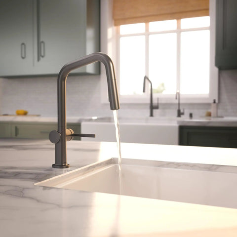 hansgrohe Talis N Pull Down Kitchen Faucet, Modern, Magnetic Hand Sprayer, 1-Handle, 1.75 GPM, Brushed Black Chrome, 72867341 with water flow in modern kitchen.