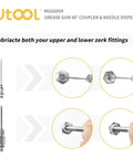 Grease Gun Accessory Kit With 90 Degree Coupler And Needle Nozzle For Hard To Reach Zerk Fittings shown with injection needle.