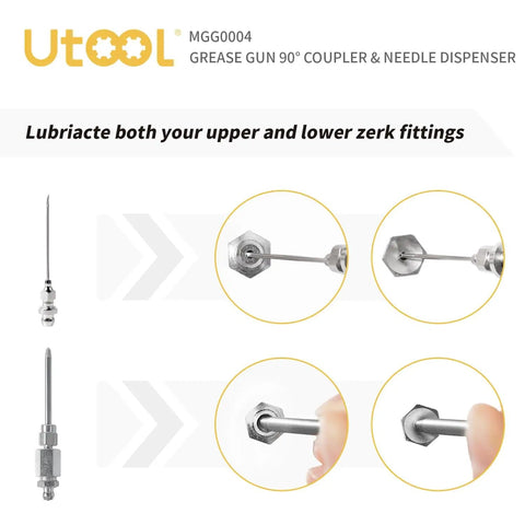 Grease Gun Accessory Kit With 90 Degree Coupler And Needle Nozzle For Hard To Reach Zerk Fittings shown with injection needle.