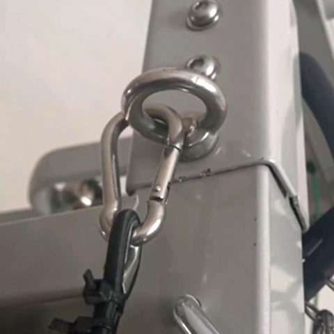 Heavy Duty Lifting Eye Nuts 3/8-16 UNC Thread, Drop Forged Galvanized C15 Steel attached to metal frame with carabiner