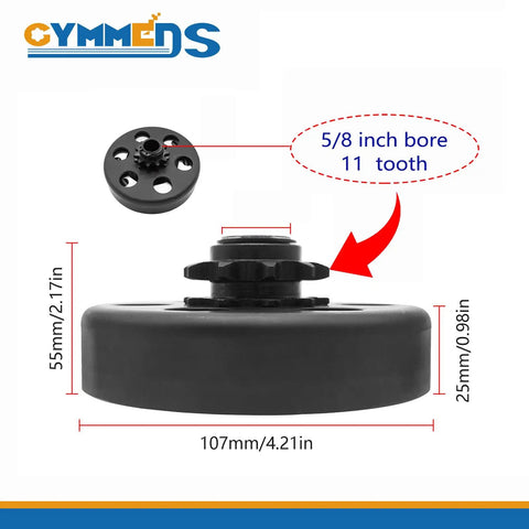Five Eighth Inch Bore Centrifugal Clutch Eleven Tooth For 35 Chain diagram with dimensions and features