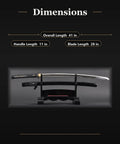 Unsharpened Stainless Steel Iaido Training Sword For Safe Practice 28 Inch Katana Iaito with saya on stand, dimensions shown