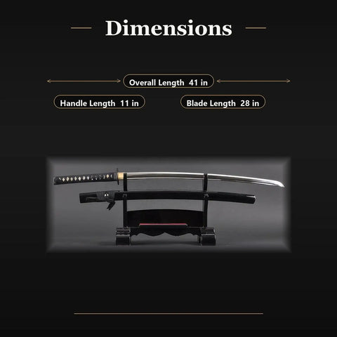 Unsharpened Stainless Steel Iaido Training Sword For Safe Practice 28 Inch Katana Iaito with saya on stand, dimensions shown