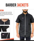 Slick Half Sleeve Barber Jacket Zip Front Men Salon Smock Lightweight Black Hairdresser Uniform Fly Stylist Gear Professional Barber Shop Hustle Ready Fit lightweight black barber jacket with zip front and collar, modeled upright.