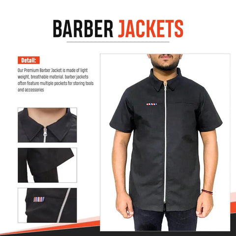 Slick Half Sleeve Barber Jacket Zip Front Men Salon Smock Lightweight Black Hairdresser Uniform Fly Stylist Gear Professional Barber Shop Hustle Ready Fit lightweight black barber jacket with zip front and collar, modeled upright.