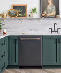 Modern kitchen with Matte Black 3 Inch Center To Center Cabinet Pulls Set Of 30 Stainless Steel Kitchen Handles installed on green cabinets.