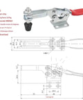 16 Pc Quick Release Horizontal Toggle Clamp Set 225D With Anti Slip Rubber Pressure Tips for Woodworking Jigs, Fixtures, and Welding Projects, Durable Metal Construction, Ergonomic Handle for Easy Locking and Release shown with specifications and dimensions.
