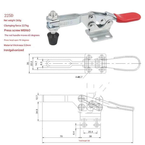 Heavy Duty Pro Grade Industrial Toggle Clamps Set 16 Pcs Quick Release Horizontal Clamps With Anti Slip Rubber Pressure Tips For Woodworking Jigs And Fixtures For Welding, showing dimensions and operation diagram.