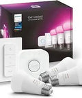 Hue White And Color Ambiance LED Starter Kit with 3 multicolor A19 bulbs, Bridge Gen 3, and dimmer switch in packaging