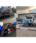 Collapsible Camping Storage Organizer With Nine Shelves, Heavy Duty Oxford Cloth Gear Rack for Shoes and Clothes next to RV