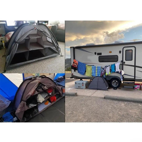 Collapsible Camping Storage Organizer With Nine Shelves, Heavy Duty Oxford Cloth Gear Rack for Shoes and Clothes next to RV
