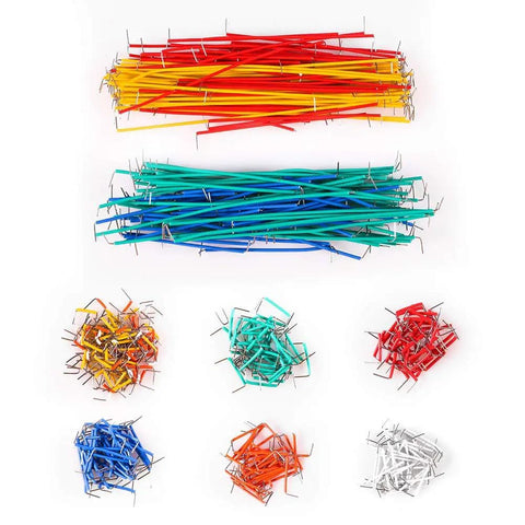Breadboard Jumper Wires Kit With 14 Lengths And 840 Pieces, multicolored wires arranged in groups for DIY electronics.