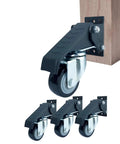 Heavy Duty Pedal Casters, Smooth Rollout Swivel Wheels For Workbenches, 65mm Polyurethane Step Down Caster Set Of 4, mounted on wood.