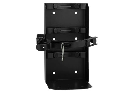 Hella Weather Resistant Fire Extinguisher Cabinet That Keeps Your Twenty Pound Abc Box Tight And Secure For Marine Or Vehicle Mounting Without Any Fuss Or Damage From Sun And Rain side view of sturdy black metal bracket.