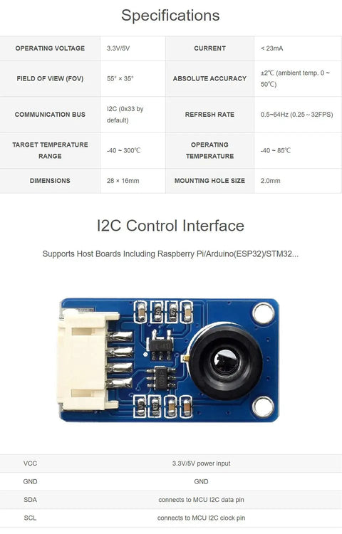 MLX90640 Infrared Thermal Imaging Camera With 32 By 24 Pixel Array And 55 Degree Field Of View Over I2C Interface module top view