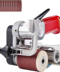Pro Pneumatic Roller Belt Sander showcasing compact design, red grip, and sanding drum for precise wood and metal finishing.
