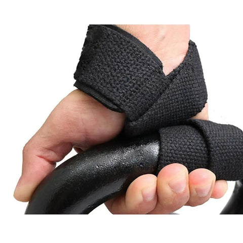Pair Weightlifting Straps for Barbell and Bodybuilding in use on a hand gripping a bar, showing cotton and polyester material for secure grip.