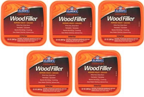 Interior Wood Filler For Quick Fixes Fast Dry Paintable And Sandable Formula Pack Of 5 shown in 32 oz tubs.