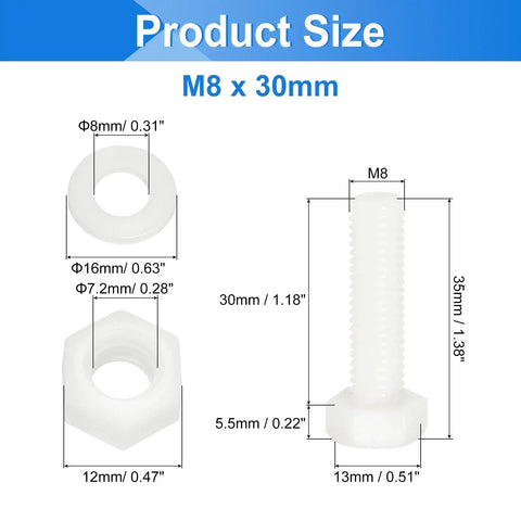 Hella Tough M8 x 30mm Nylon Hex Bolt And Nut Kit With Flat Washers For Machinery And Electronics Projects size chart.