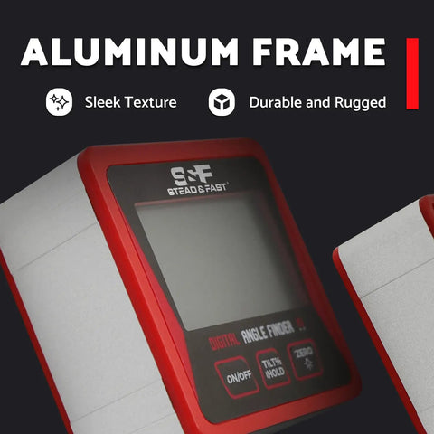 Close-up of Digital Angle Finder Gauge With Magnetic Base Protractor Inclinometer For Woodworking And Carpentry, aluminum frame.