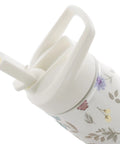 Double Wall Vacuum Insulated Metal Water Bottle With Secure Straw Lid Keeps Drinks Ice Cold Through The Daily Grind And On The Go Hustles For Gym Goers And Office Crews, floral design detail with straw lid.