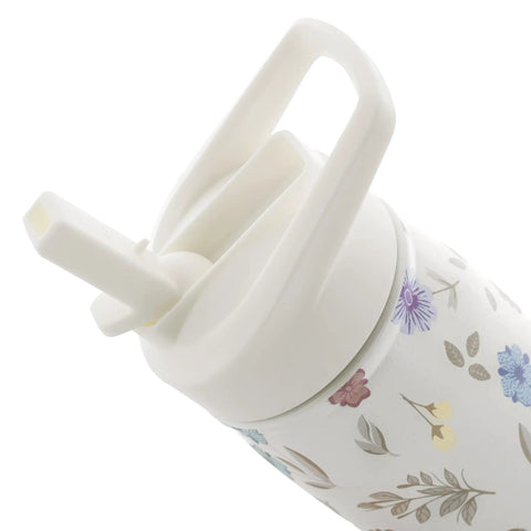 Double Wall Vacuum Insulated Metal Water Bottle With Secure Straw Lid Keeps Drinks Ice Cold Through The Daily Grind And On The Go Hustles For Gym Goers And Office Crews, floral design detail with straw lid.