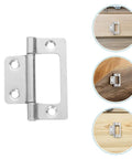 12 Pack Stainless Steel Flat Cabinet Hinges Non Mortise Flush, Self Closing Wardrobe And Kitchen Furniture Hinges, Thickened 51x25x1.2mm White Finish, Quiet Operation. Image showing hinge and application on various wood surfaces.