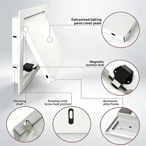 Heavy Duty Steel Access Panel For Drywall With Sleek Flush Mount Design No Sweat Push To Open Wall And Ceiling Door showcasing features.