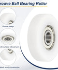 Meccanixity 4 Pack White Roller Idler Bearing Pulley, 8 X 40 X 10mm Plastic Sliding Conveyor Nylon Wheel Track Wheel For Furniture Hardware And Mobile Door Accessories, Smooth Quiet Performance, close-up of groove ball bearing roller.