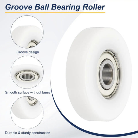 Meccanixity 4 Pack White Roller Idler Bearing Pulley, 8 X 40 X 10mm Plastic Sliding Conveyor Nylon Wheel Track Wheel For Furniture Hardware And Mobile Door Accessories, Smooth Quiet Performance, close-up of groove ball bearing roller.