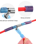Heat Shrink Piggy Back Spade Terminals Assortment Kit For Auto Cars Trucks Boats 22-16 16-14 12-10 AWG Quick Splice Crimp Connectors 140 Piece Set With Color Coded Red Blue Yellow in use, demonstrating strong connection.