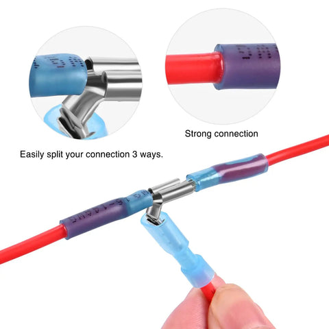 Heat Shrink Piggy Back Spade Terminals Assortment Kit For Auto Cars Trucks Boats 22-16 16-14 12-10 AWG Quick Splice Crimp Connectors 140 Piece Set With Color Coded Red Blue Yellow in use, demonstrating strong connection.