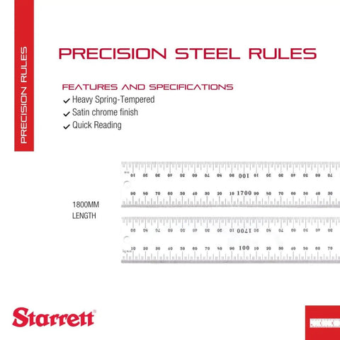 Heavy Duty Tempered Steel Rule With Satin Chrome Finish For Quick Reading And Millimeter Graduation Dual Sided Half Millimeter Increments 1800 Millimeter Length 2.5 Millimeter Thick Built For Precision And Tough Shop Projects with features listed on packaging.