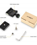 Arca Swiss Quick Release Plate Adapter Set with aluminum parts, bubble level, screws, and small wrench in box.