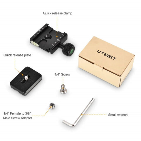Arca Swiss Quick Release Plate Adapter Set with aluminum parts, bubble level, screws, and small wrench in box.