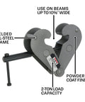 Two Ton Heavy Duty Beam Clamp for Quick Hoist Mounts with welded steel construction and powder coat finish on wide beam