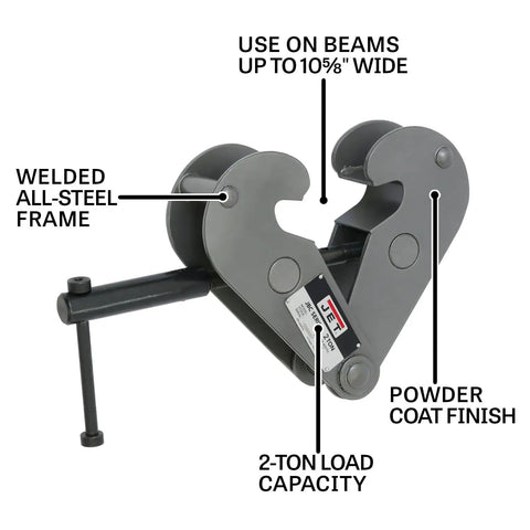Two Ton Heavy Duty Beam Clamp for Quick Hoist Mounts with welded steel construction and powder coat finish on wide beam