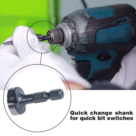 Close-up of M2 HSS quick-change drill bit 3/16–7/8 in with hex shank installed in cordless drill.